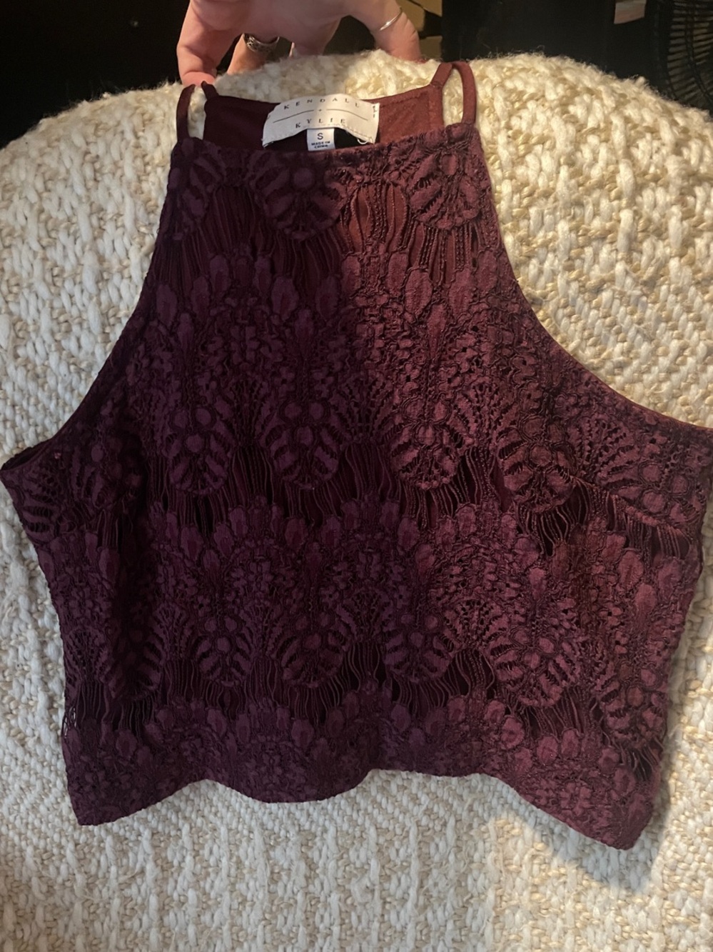 Kendall & Kylie Burgundy Lace Cropped Halter Tank